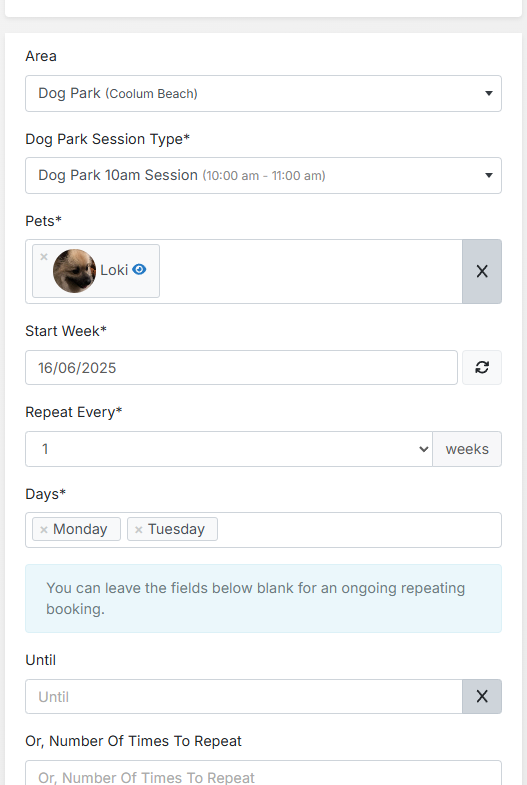 Dog Park booking