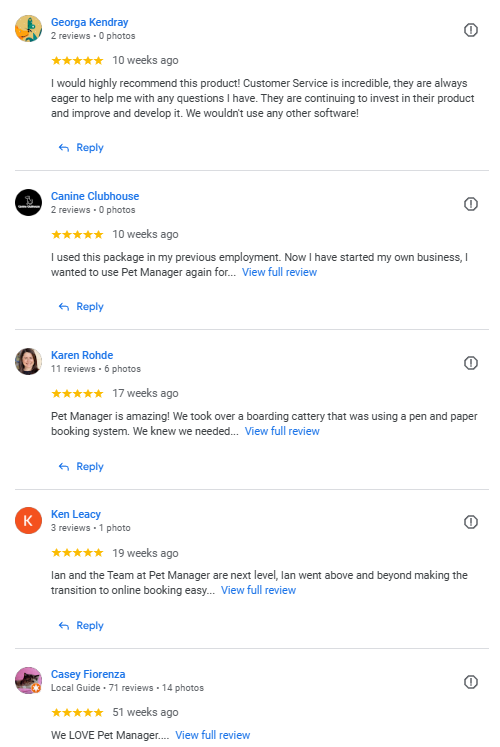 Pet Manager Google Reviews