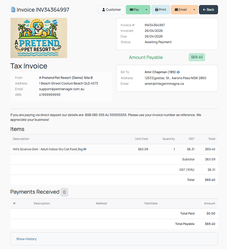 Invoice for Pet Products