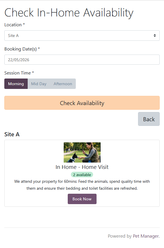 In-home pet booking availability